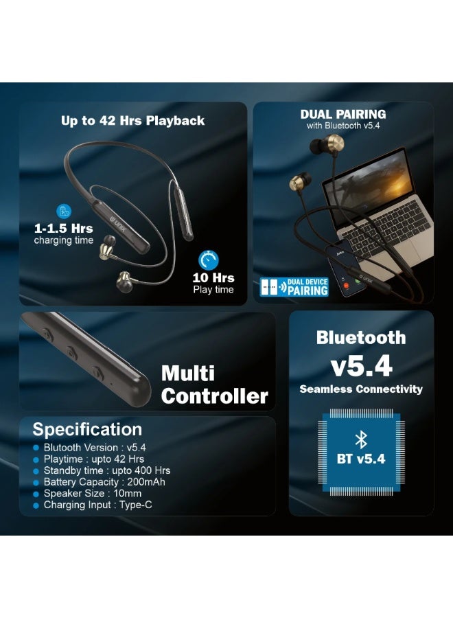 يونيكس سماعة Unix Torq N500 اللاسلكية على شكل نك باند | وضع اقتران مزدوج مع اتصال Bluetooth v5.4 | وقت تشغيل يصل إلى 42 ساعة مع مشغلات 10 مم | تقنية ENC لإلغاء الضوضاء لمكالمات واضحة | شحن سريع T - Image 4